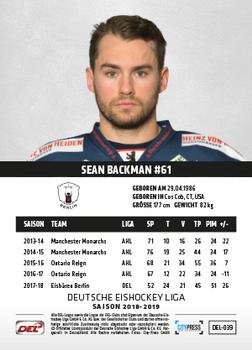 2018-19 Playercards (DEL) #DEL-039 Sean Backman Back