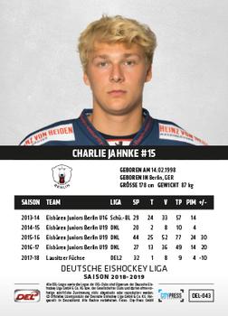 2018-19 Playercards (DEL) #DEL-043 Charlie Jahnke Back