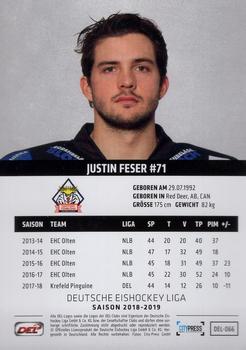 2018-19 Playercards (DEL) #DEL-066 Justin Feser Back