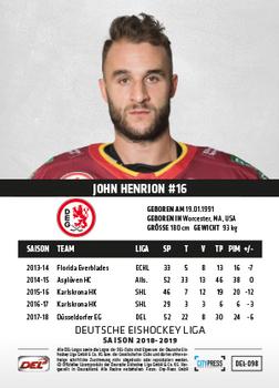 2018-19 Playercards (DEL) #DEL-098 John Henrion Back
