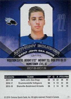 2018-19 Extreme Saint John Sea Dogs (QMJHL) #1 Anthony Boucher Back