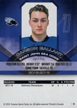 2018-19 Extreme Saint John Sea Dogs (QMJHL) #15 Carson Gallant Back