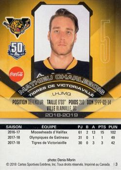 2018-19 Extreme Victoriaville Tigres (QMJHL) #3 Mathieu Charlebois Back