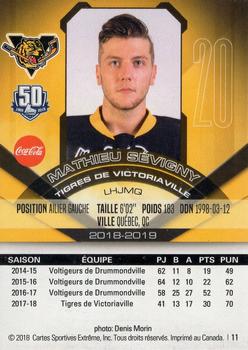 2018-19 Extreme Victoriaville Tigres (QMJHL) #11 Mathieu Sevigny Back