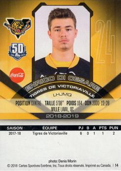 2018-19 Extreme Victoriaville Tigres (QMJHL) #14 Enrico Di Cesare Back