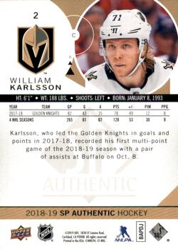 2018-19 SP Authentic - Limited Red #2 William Karlsson Back