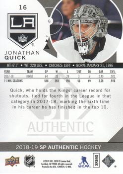 2018-19 SP Authentic - Limited Red #16 Jonathan Quick Back