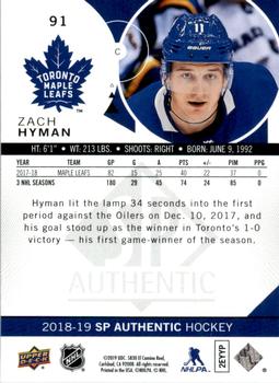 2018-19 SP Authentic - Limited Red #91 Zach Hyman Back