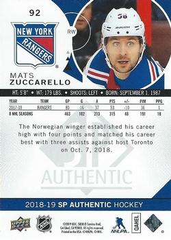 2018-19 SP Authentic - Limited Red #92 Mats Zuccarello Back