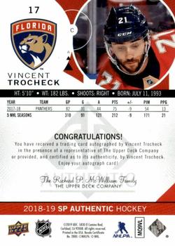 2018-19 SP Authentic - Limited Autographs #17 Vincent Trocheck Back