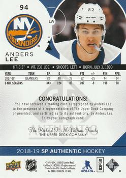 2018-19 SP Authentic - Limited Autographs #94 Anders Lee Back