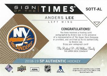 2018-19 SP Authentic - Sign of the Times #SOTT-AL Anders Lee Back
