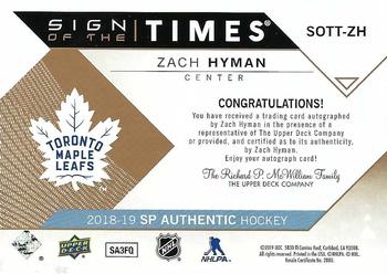 2018-19 SP Authentic - Sign of the Times #SOTT-ZH Zach Hyman Back