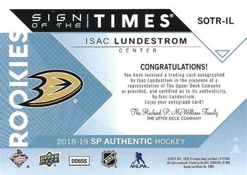 2018-19 SP Authentic - Sign of the Times Rookies #SOTR-IL Isac Lundestrom Back