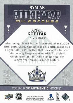 2018-19 SP Authentic - Rookie Year Milestones #RYM-AK Anze Kopitar Back