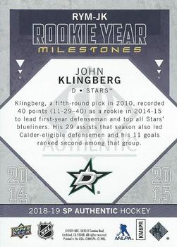 2018-19 SP Authentic - Rookie Year Milestones #RYM-JK John Klingberg Back