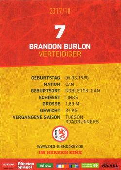 2017-18 Dusseldorfer EG Postcards #NNO Brandon Burlon Back