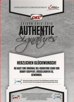 2012-13 Playercards (DEL) - Authentic Signatures #DEL-SG05 Bobby Goepfert Back
