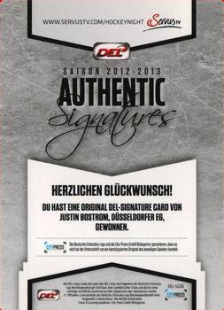 2012-13 Playercards (DEL) - Authentic Signatures #DEL-SG06 Justin Bostrom Back
