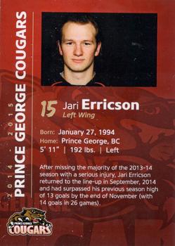 2014-15 Prince George Cougars (WHL) #12 Jari Erricson Back
