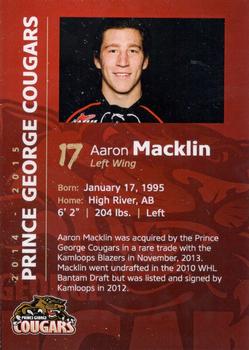 2014-15 Prince George Cougars (WHL) #14 Aaron Macklin Back