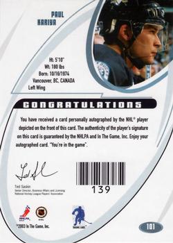 2015-16 In The Game Final Vault - 2002-03 Be a Player Signature Series Autographs (Black Vault Stamp) #101 Paul Kariya Back