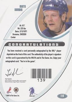 2015-16 In The Game Final Vault - 2002-03 Be A Player Signature Series - Autographs (Black Vault Stamp) #119 Mats Sundin Back