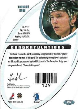 2015-16 In The Game Final Vault - 2002-03 Be a Player Signature Series Autographs Gold (Black Vault Stamp) #92 Ladislav Nagy Back