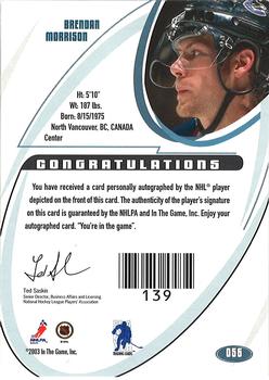 2015-16 In The Game Final Vault - 2002-03 Be a Player Signature Series Autographs Gold (Black Vault Stamp) #56 Brendan Morrison Back