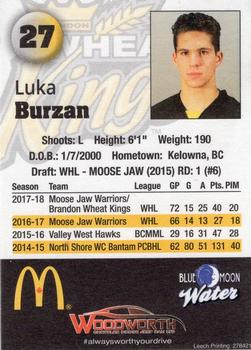 2018-19 Brandon Wheat Kings (WHL) #18 Luka Burzan Back
