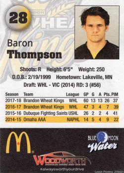 2018-19 Brandon Wheat Kings (WHL) #19 Baron Thompson Back
