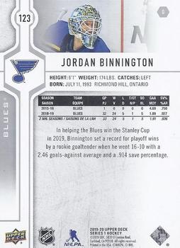 2019-20 Upper Deck #123 Jordan Binnington Back