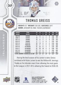 2019-20 Upper Deck #349 Thomas Greiss Back
