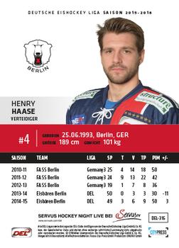 2015-16 Playercards Premium Serie 2 (DEL) #DEL-316 Henry Haase Back