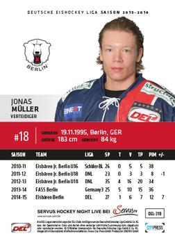 2015-16 Playercards Premium Serie 2 (DEL) #DEL-318 Jonas Müller Back