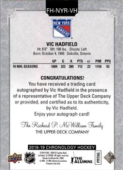 2018-19 Upper Deck Chronology - Franchise History Autographs #FH-NYR-VH Vic Hadfield Back