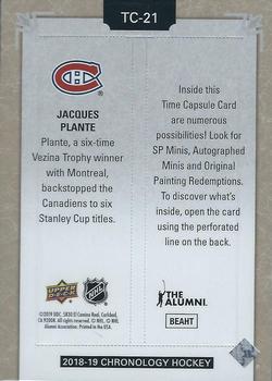 2018-19 Upper Deck Chronology - Time Capsules Rip Cards #TC-21 Jacques Plante Back