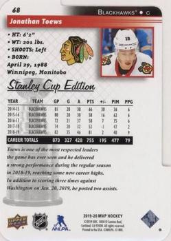 2019-20 Upper Deck MVP - Stanley Cup Edition 20th Anniversary Colors & Contours #68 Jonathan Toews Back