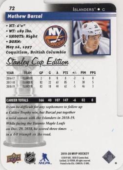 2019-20 Upper Deck MVP - Stanley Cup Edition 20th Anniversary Colors & Contours #72 Mathew Barzal Back