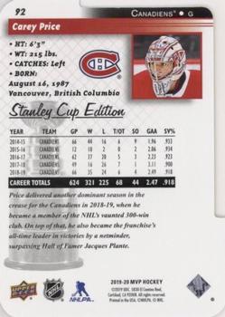 2019-20 Upper Deck MVP - Stanley Cup Edition 20th Anniversary Colors & Contours #92 Carey Price Back