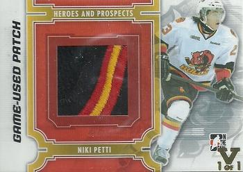 2015-16 In The Game Final Vault - 2013-14 In The Game Heroes and Prospects Game-Used Patch Black (Gold Vault Stamp) #M-11 Niki Petti Front