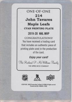 2019-20 Upper Deck MVP - Printing Plates Cyan #214 John Tavares Back