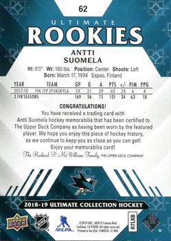 2018-19 Upper Deck Ultimate Collection - Ultimate Rookies Jersey #62 Antti Suomela Back