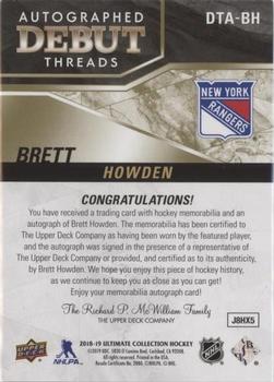 2018-19 Upper Deck Ultimate Collection - Autographed Debut Threads Patch #DTA-BH Brett Howden Back
