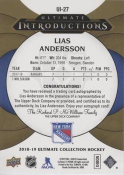2018-19 Upper Deck Ultimate Collection - Ultimate Introductions Autographs #UI-27 Lias Andersson Back