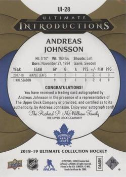 2018-19 Upper Deck Ultimate Collection - Ultimate Introductions Autographs #UI-28 Andreas Johnsson Back