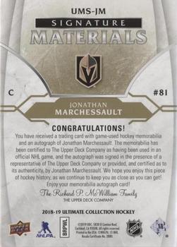 2018-19 Upper Deck Ultimate Collection - Ultimate Materials Signatures #UMS-JM Jonathan Marchessault Back