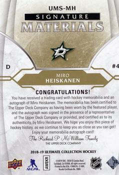 2018-19 Upper Deck Ultimate Collection - Ultimate Materials Signatures #UMS-MH Miro Heiskanen Back