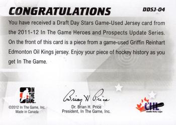 2011-12 In The Game Heroes & Prospects Update - Draft Day Stars - Silver #DDSJ-04 Griffin Reinhart Back