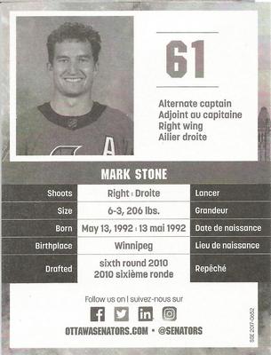 2017-18 Ottawa Senators Fan Pack #NNO Mark Stone Back